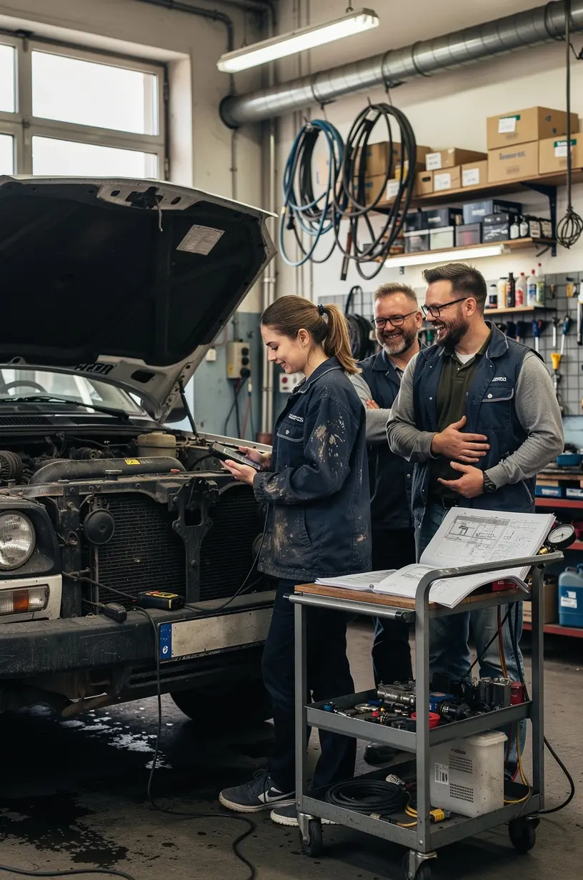 Spezialist reinigt und wartet die Klimaanlage eines Autos mit professionellem Equipment