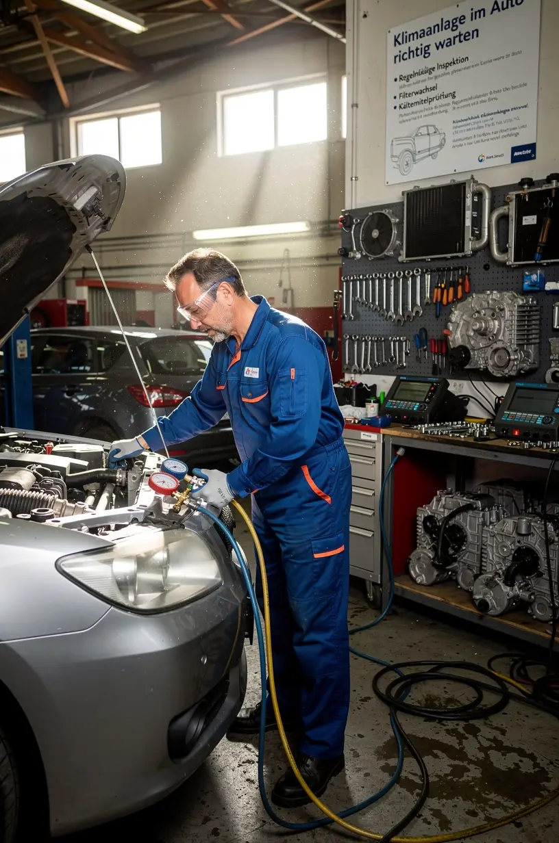 Techniker nutzt Diagnosegerät zur Fehlersuche an der Fahrzeugklimaanlage
